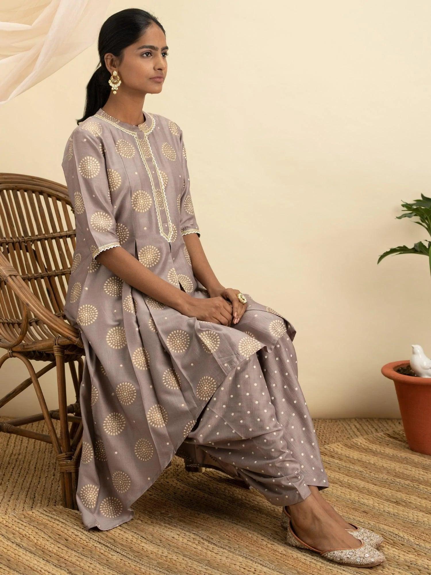 Taupe Printed Silk A-Line Kurta Set