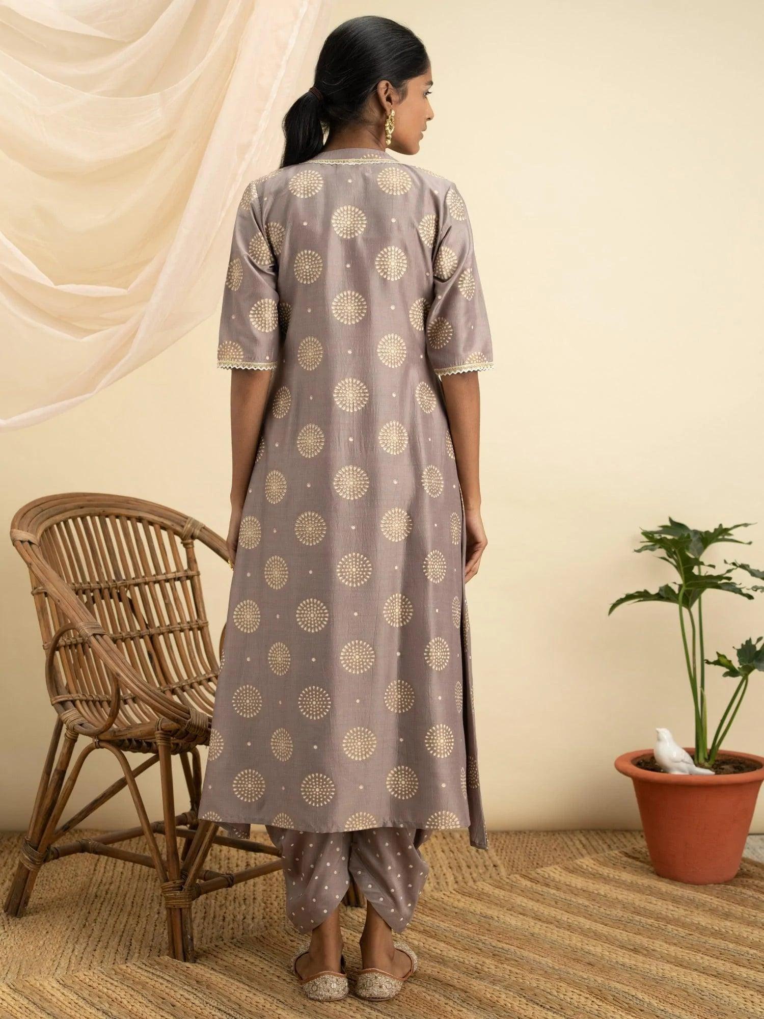 Taupe Printed Silk A-Line Kurta Set