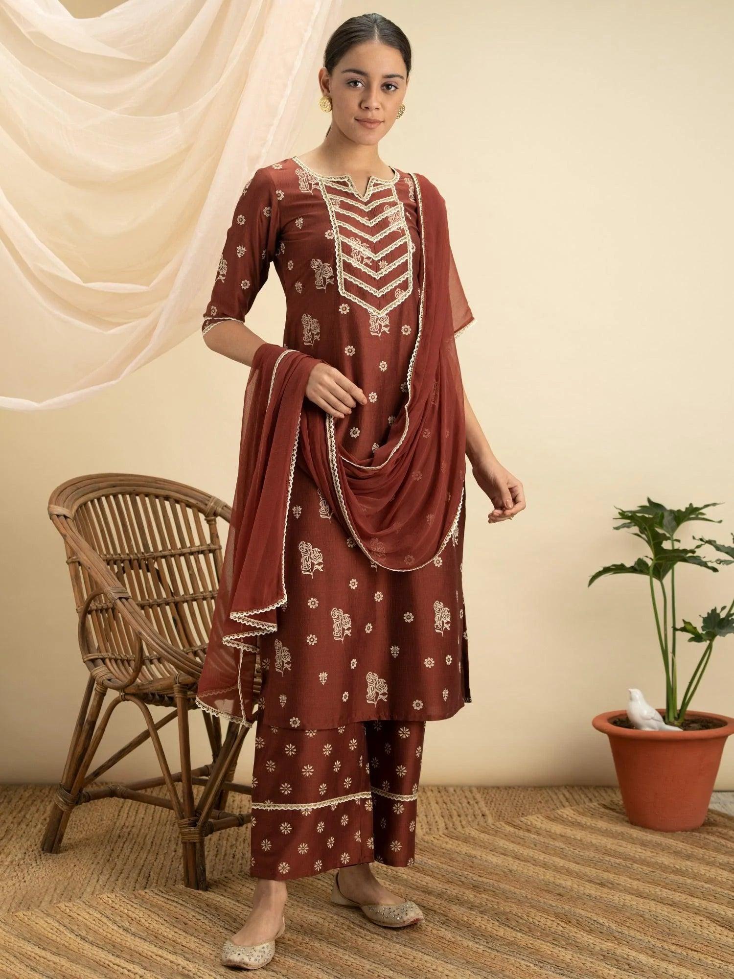 Brown Printed Silk Suit Set