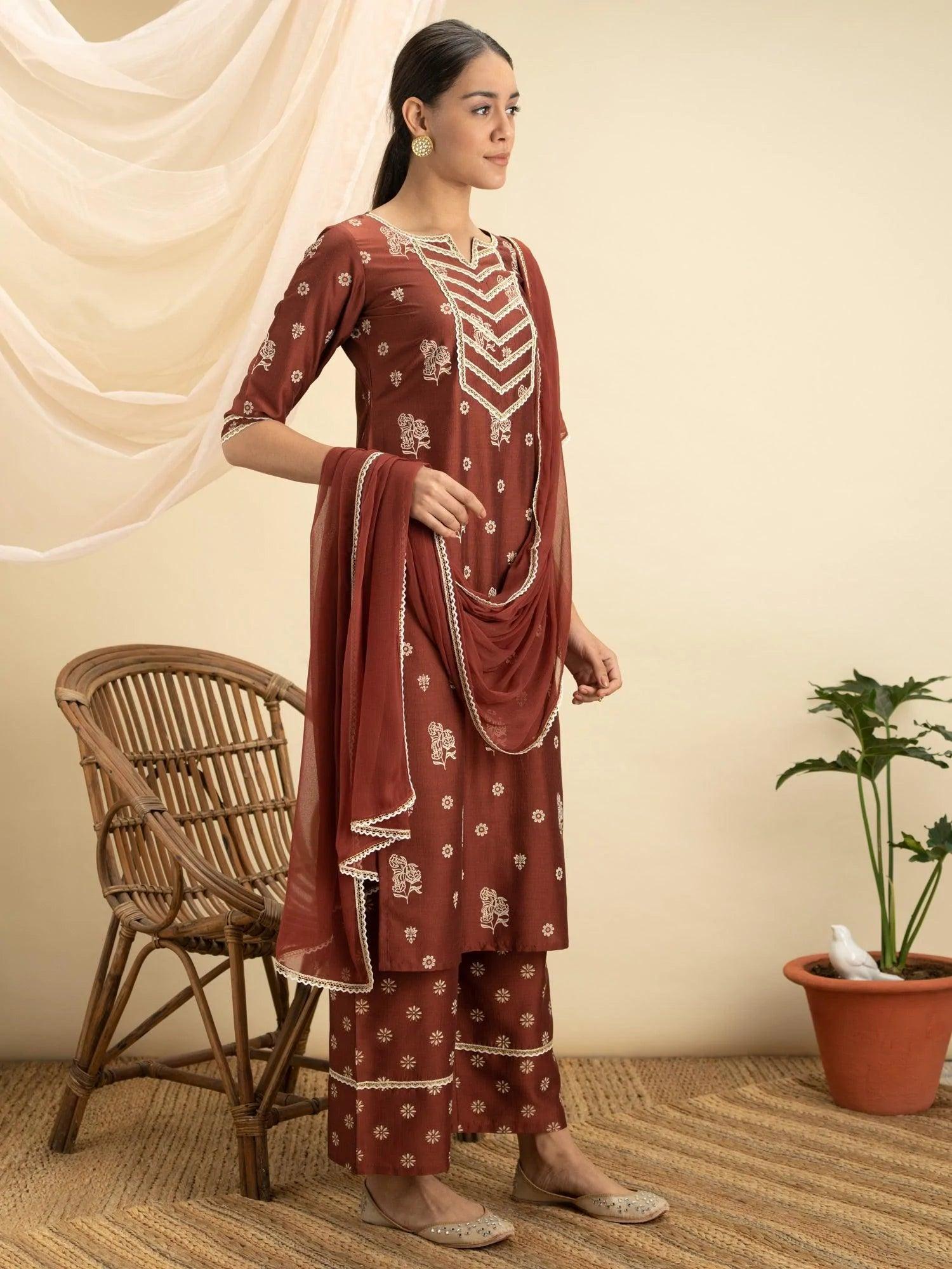 Brown Printed Silk Suit Set