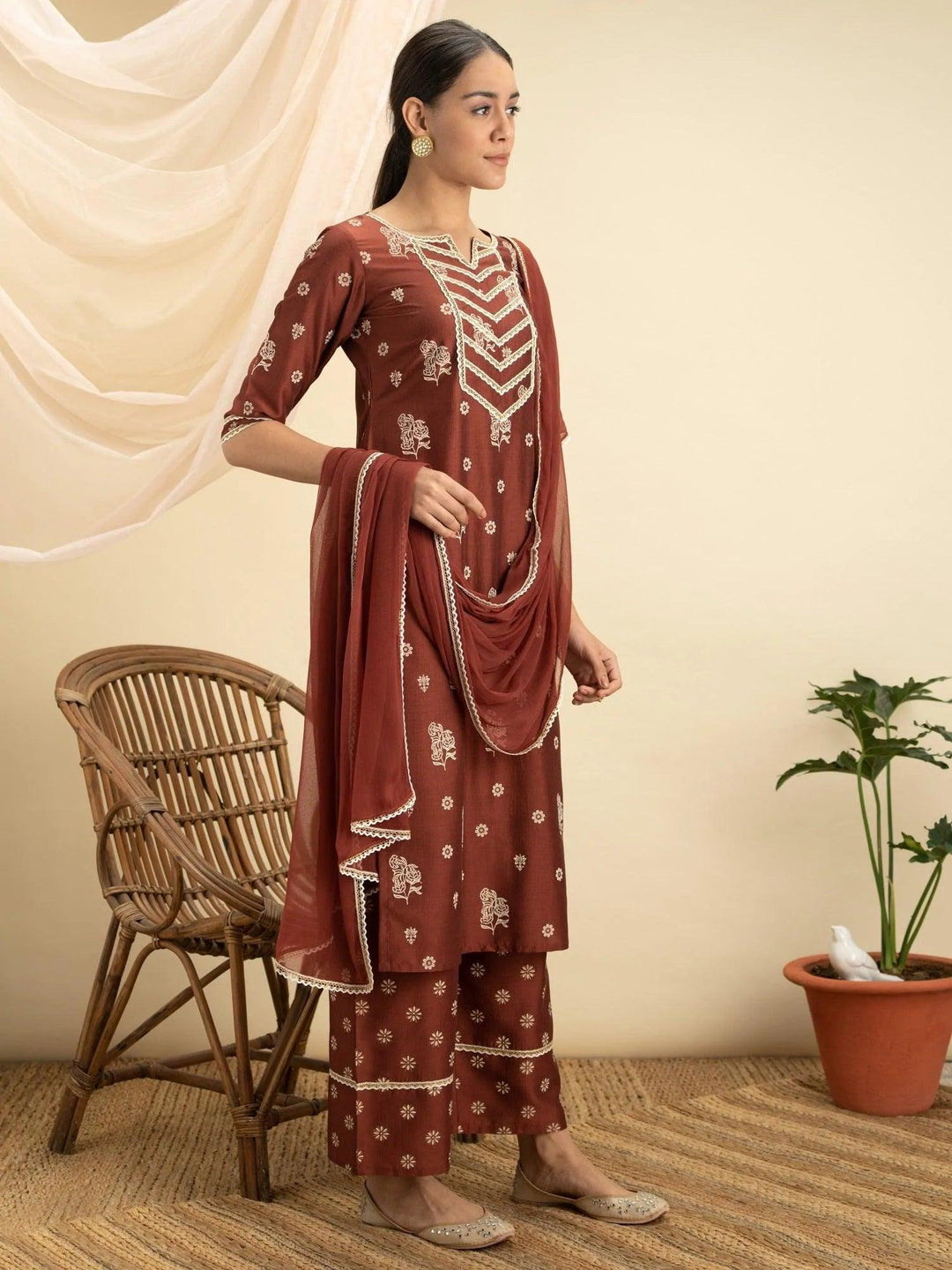 Brown Printed Silk Suit Set - ShopLibas