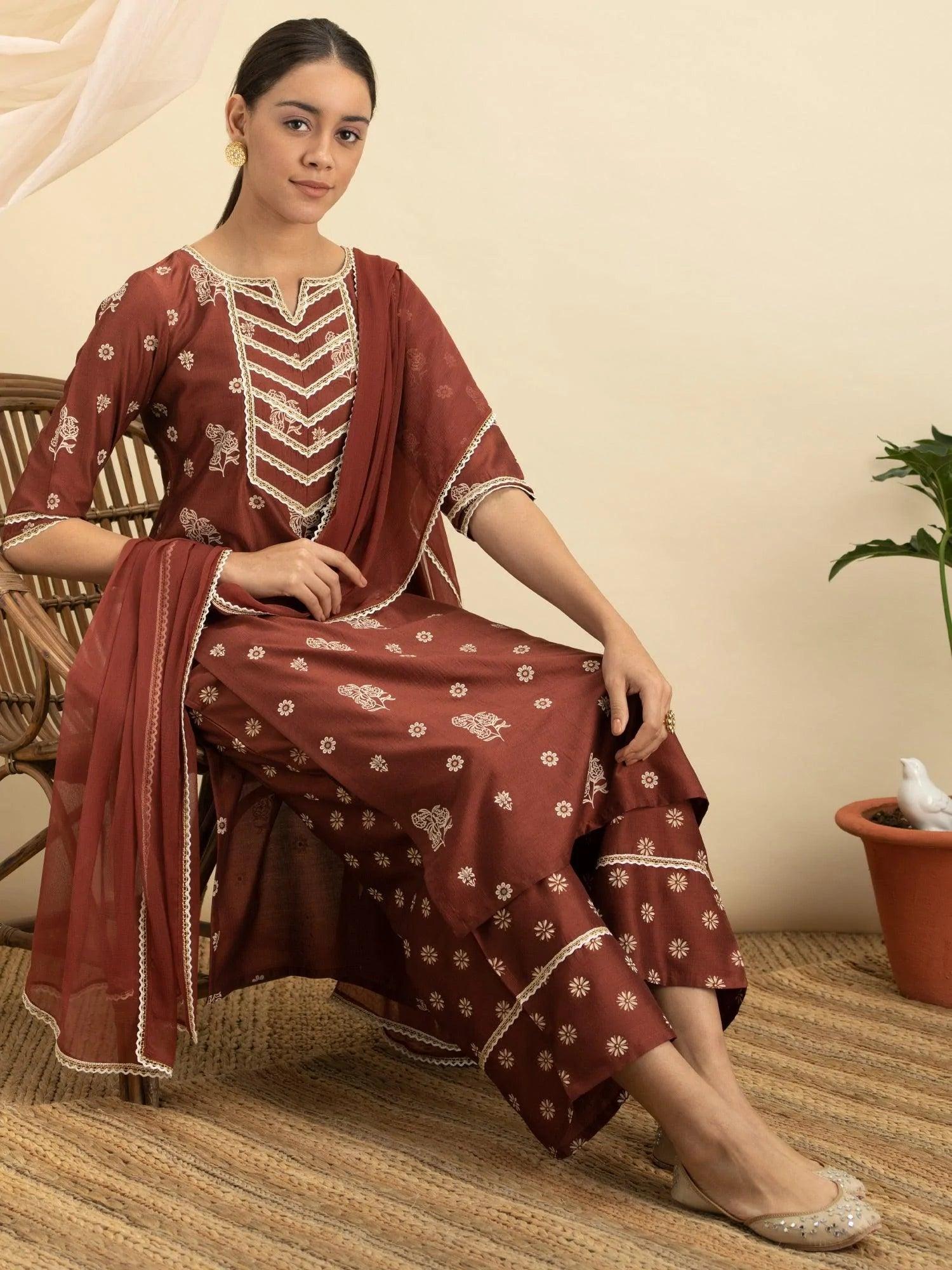 Brown Printed Silk Suit Set