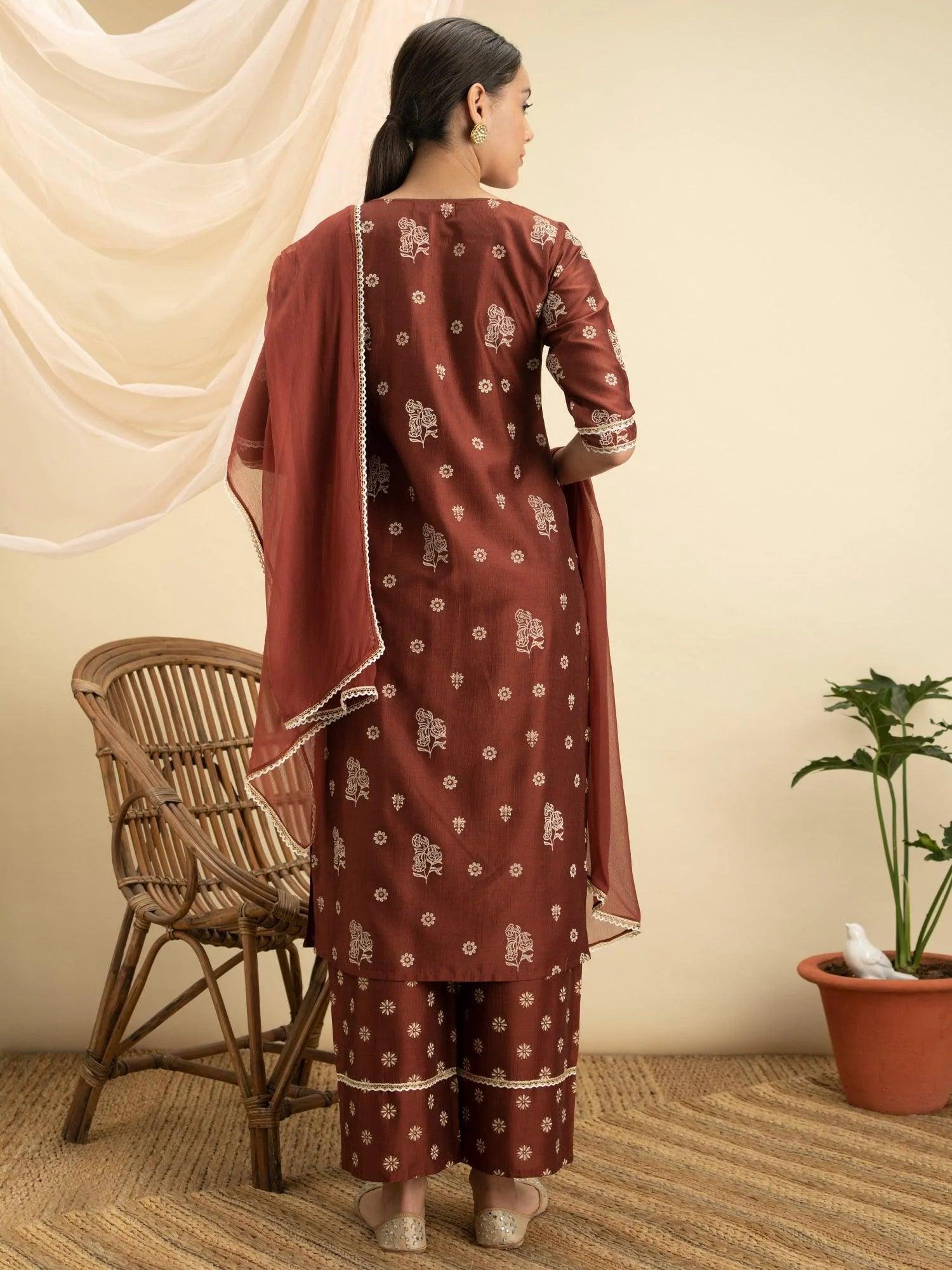 Brown Printed Silk Suit Set