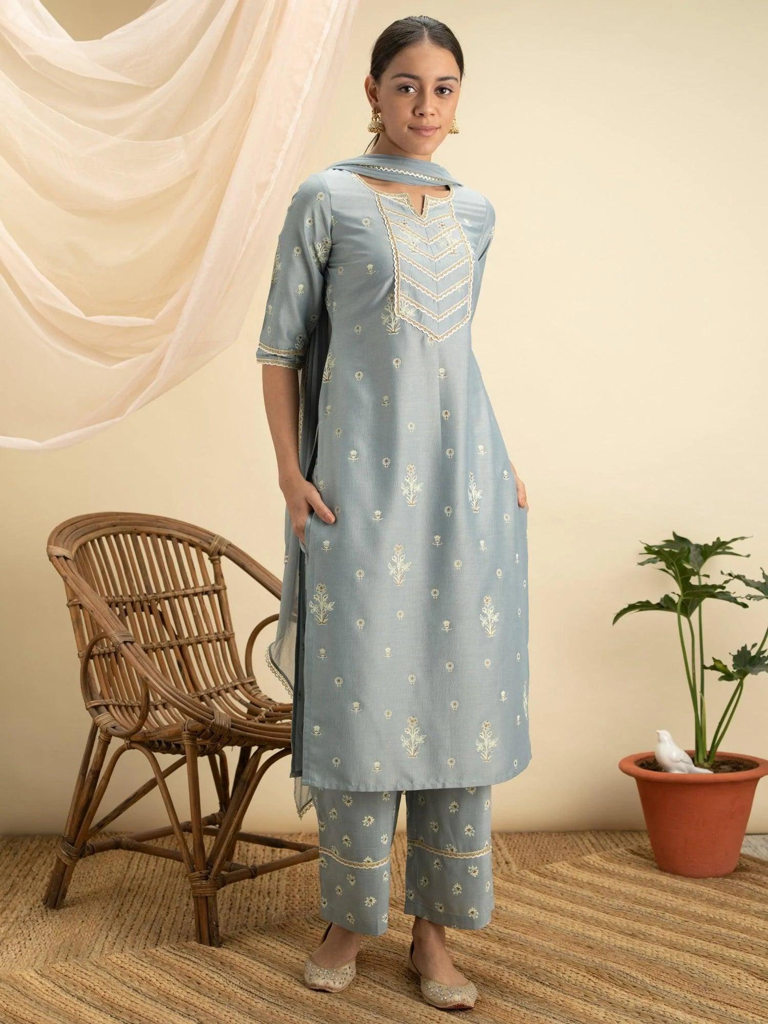 Grey Printed Silk Straight Suit Set