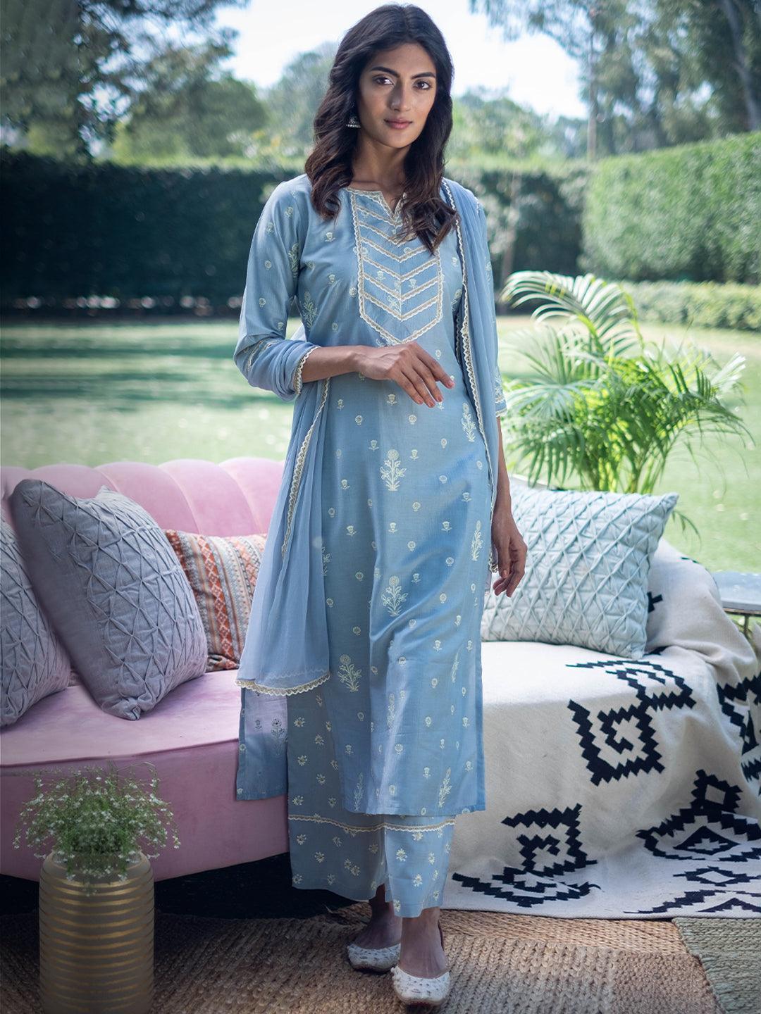 Grey Printed Silk Straight Suit Set