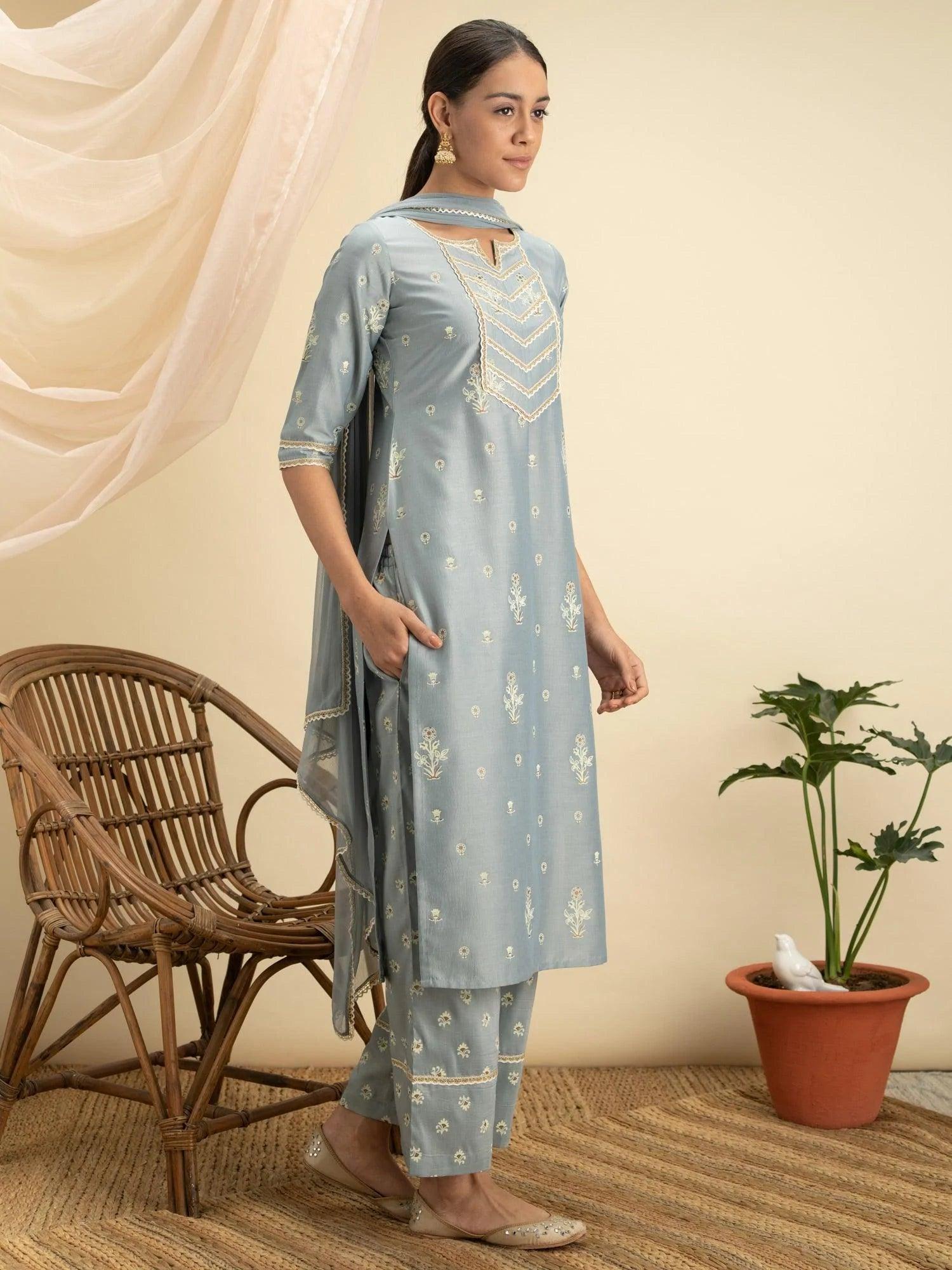 Grey Printed Silk Straight Suit Set