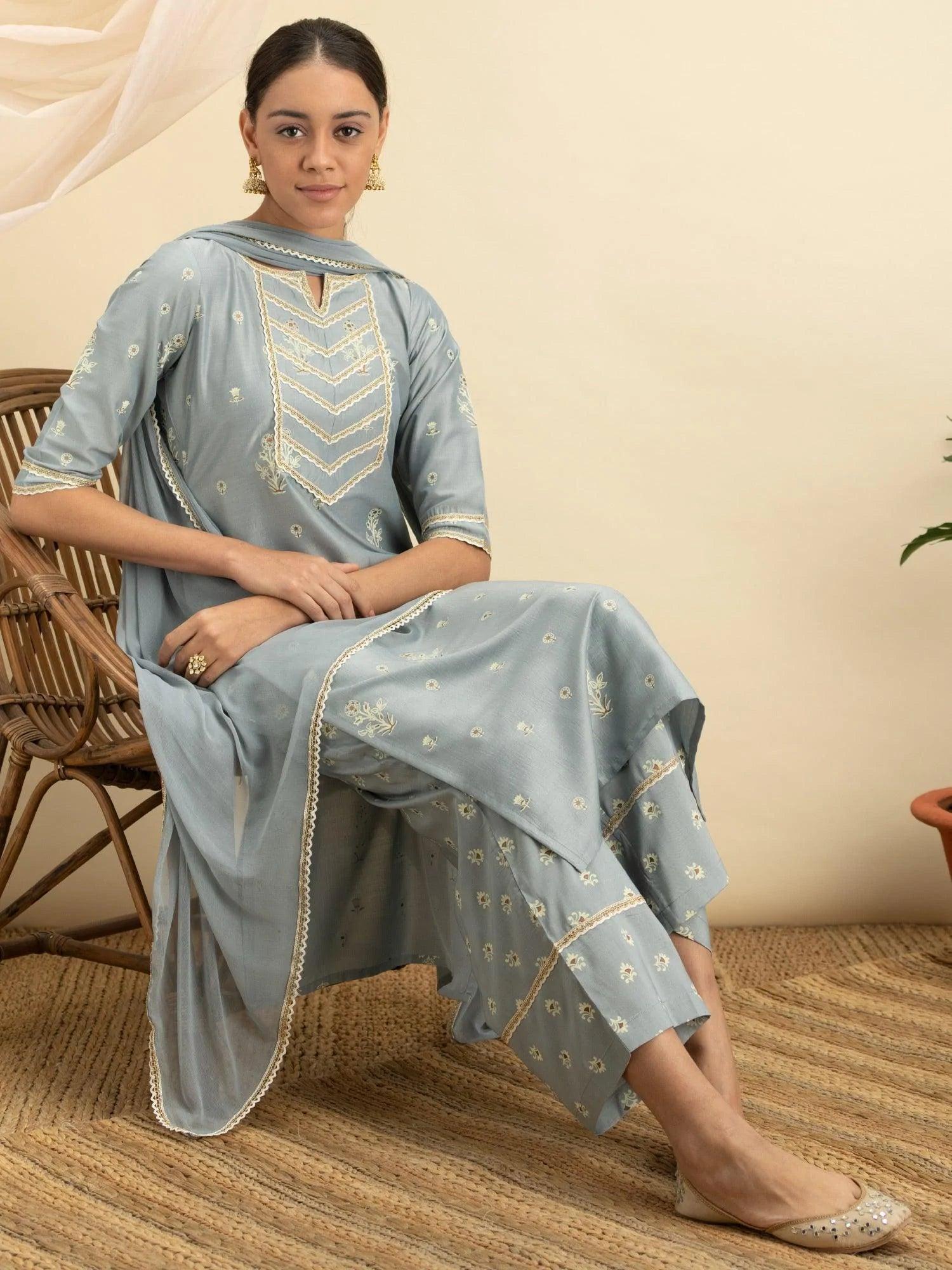 Grey Printed Silk Straight Suit Set