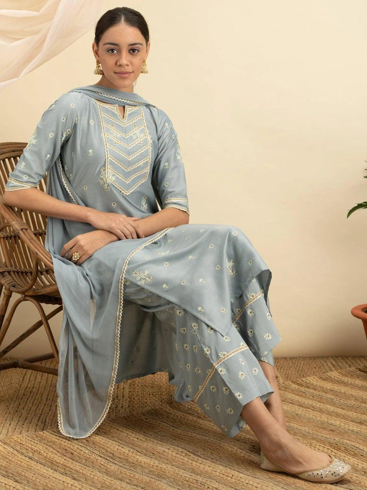 Grey Printed Silk Straight Suit Set - ShopLibas