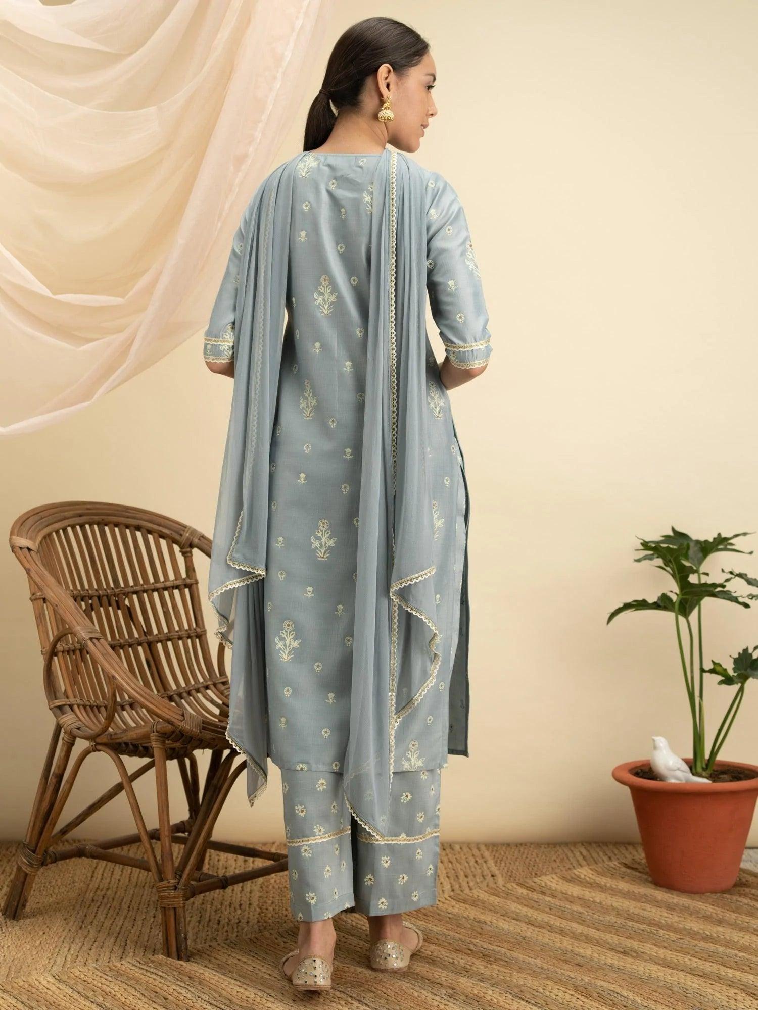 Grey Printed Silk Straight Suit Set