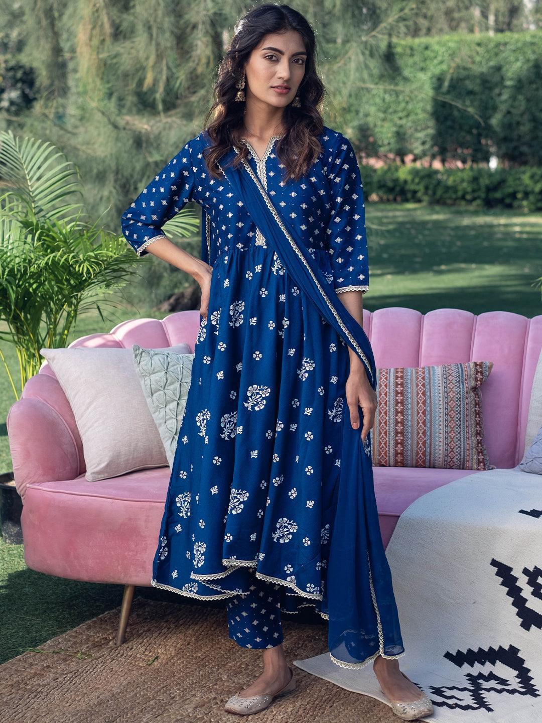 Blue Printed Silk Suit Set