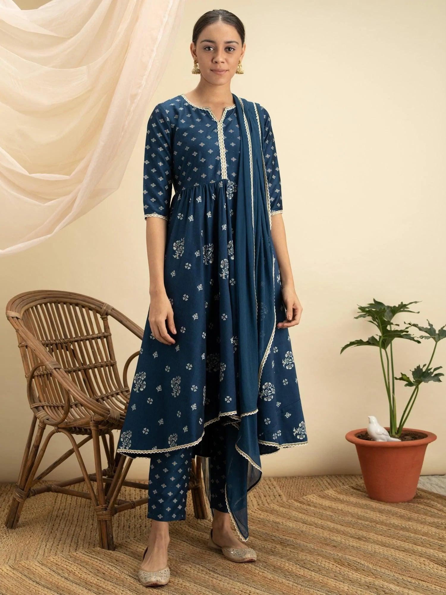 Blue Printed Silk Suit Set