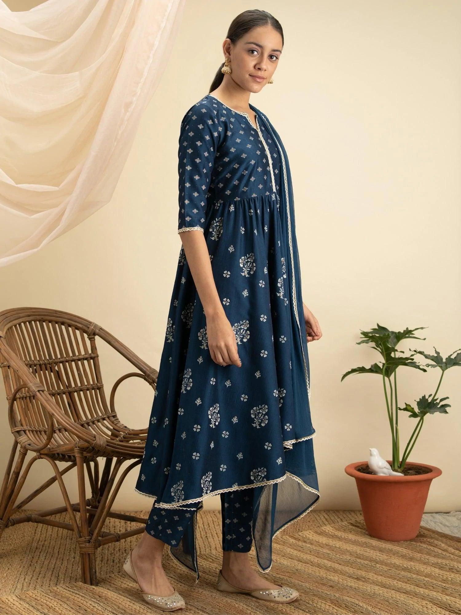 Blue Printed Silk Suit Set