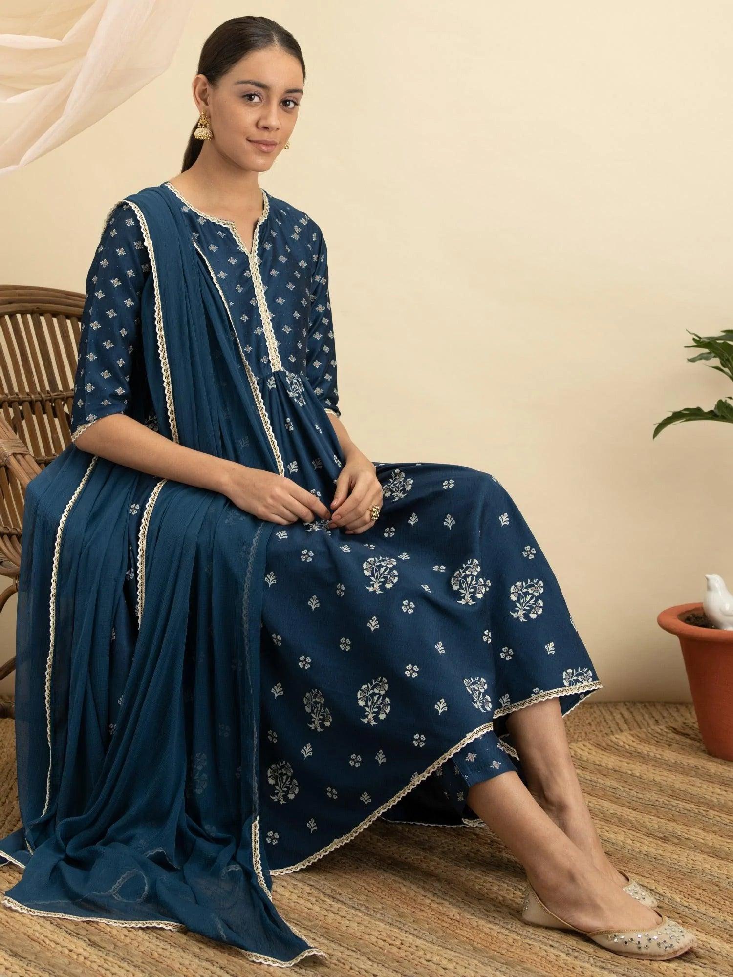 Blue Printed Silk Suit Set