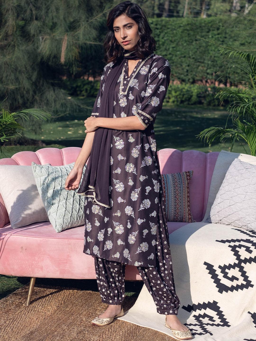 Brown Printed Silk Suit Set