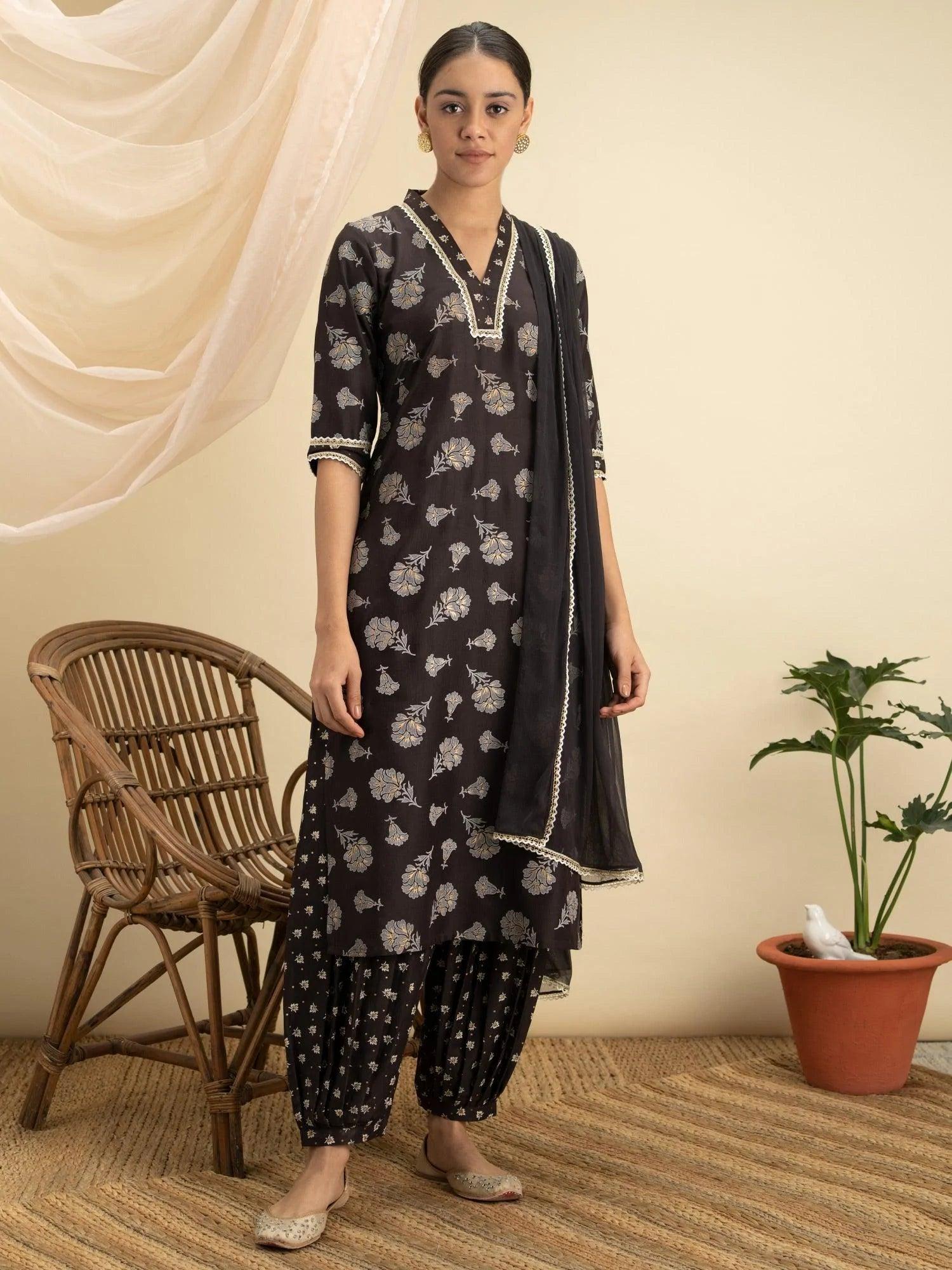 Brown Printed Silk Suit Set