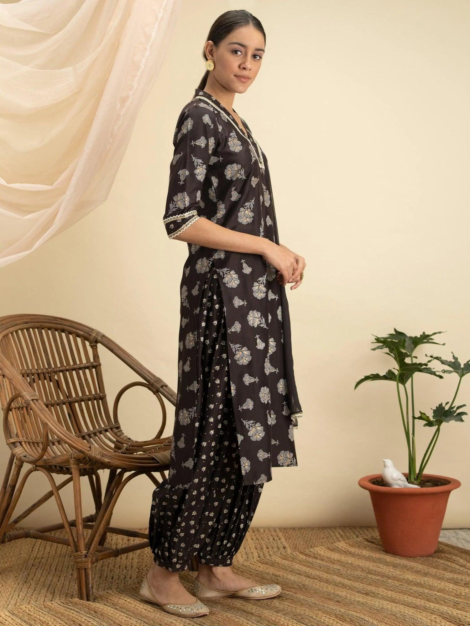 Brown Printed Silk Suit Set