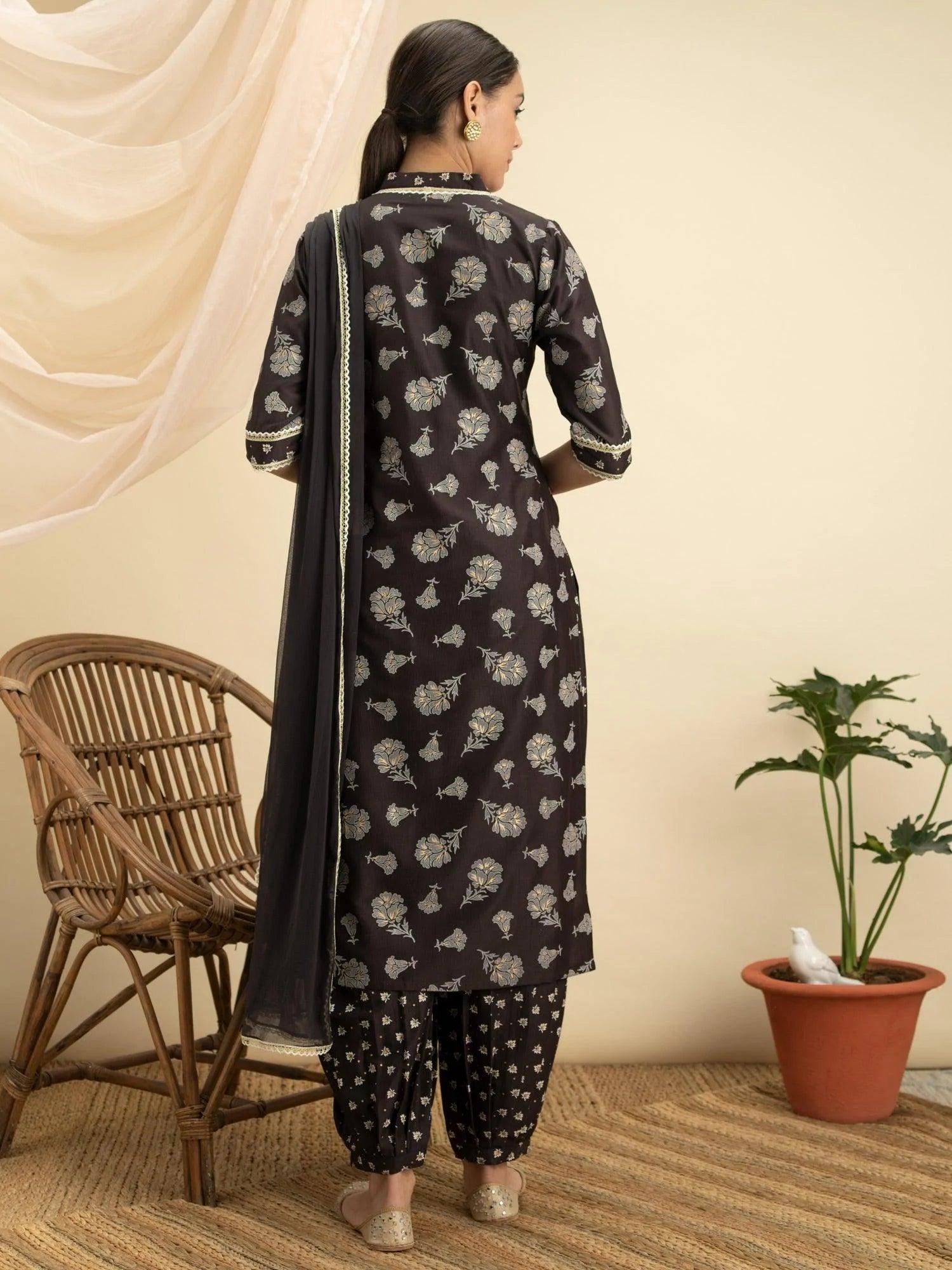 Brown Printed Silk Suit Set