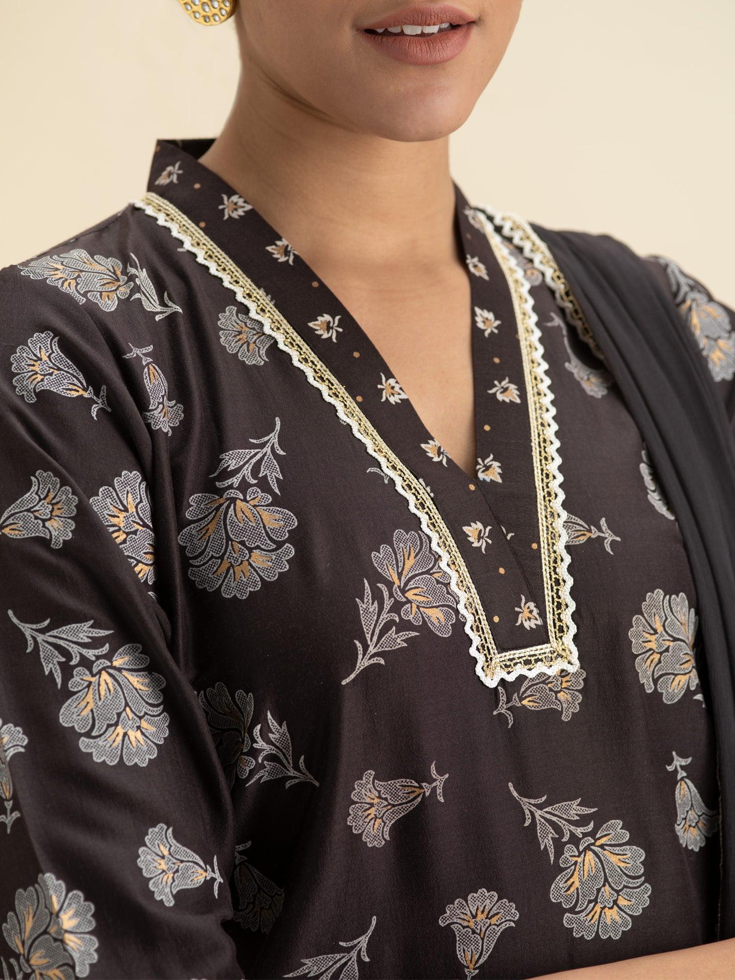 Brown Printed Silk Suit Set