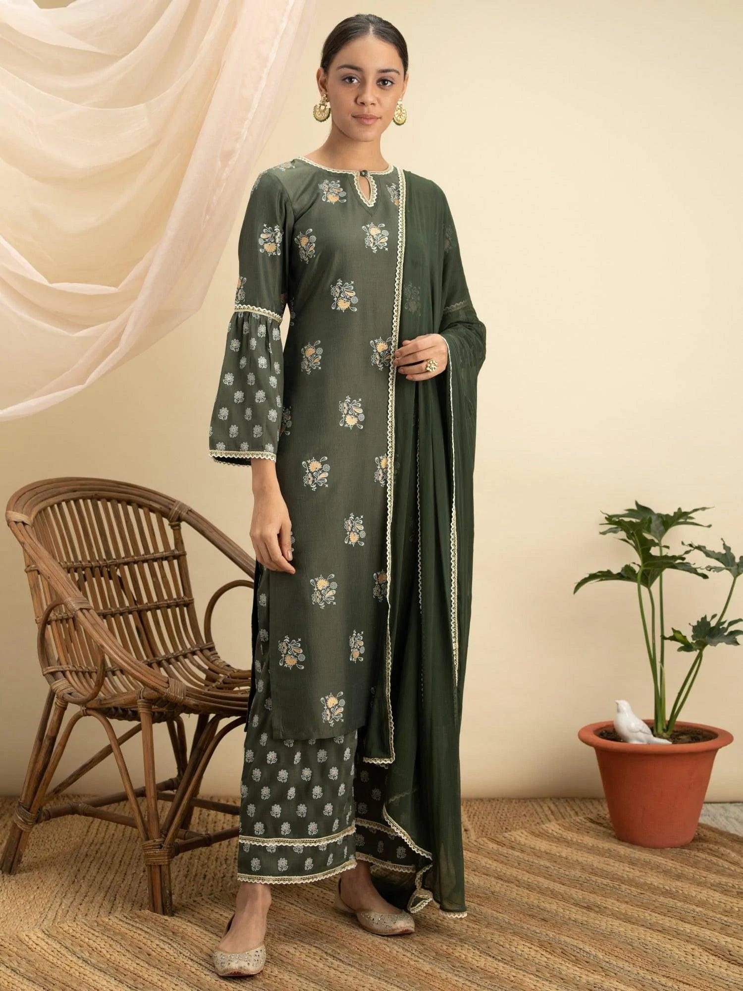 Green Printed Silk Straight Suit Set