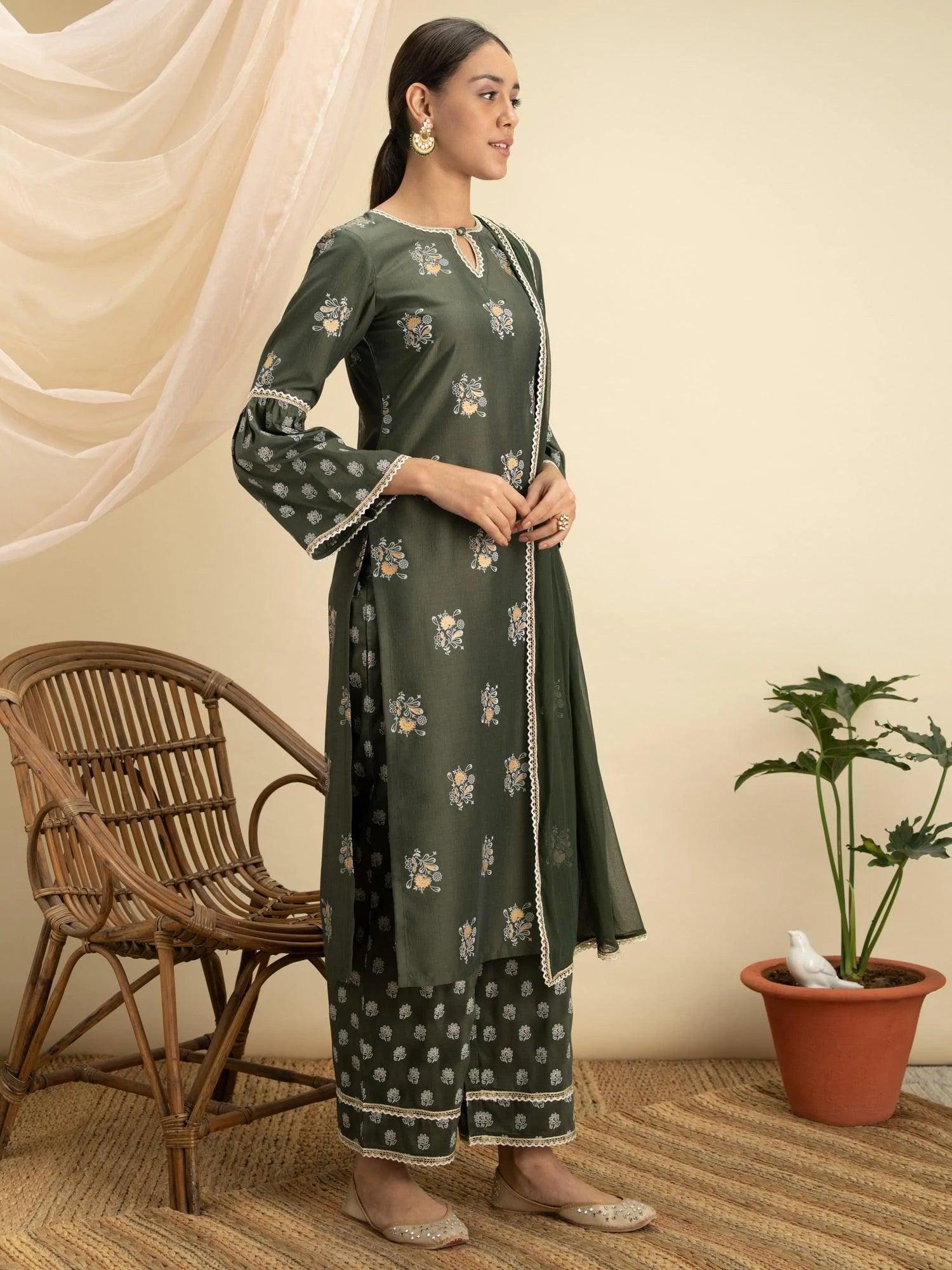 Green Printed Silk Straight Suit Set