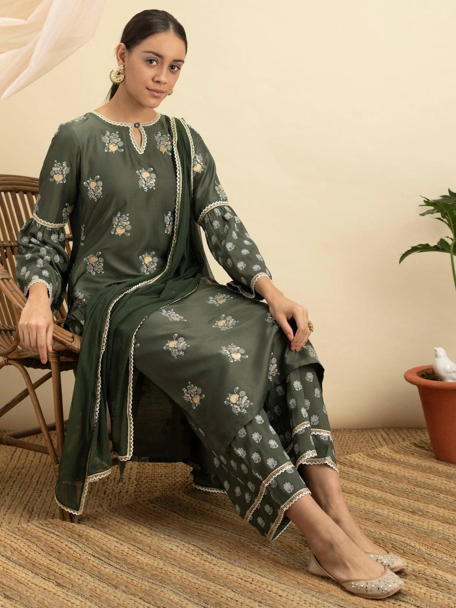 Green Printed Silk Straight Suit Set