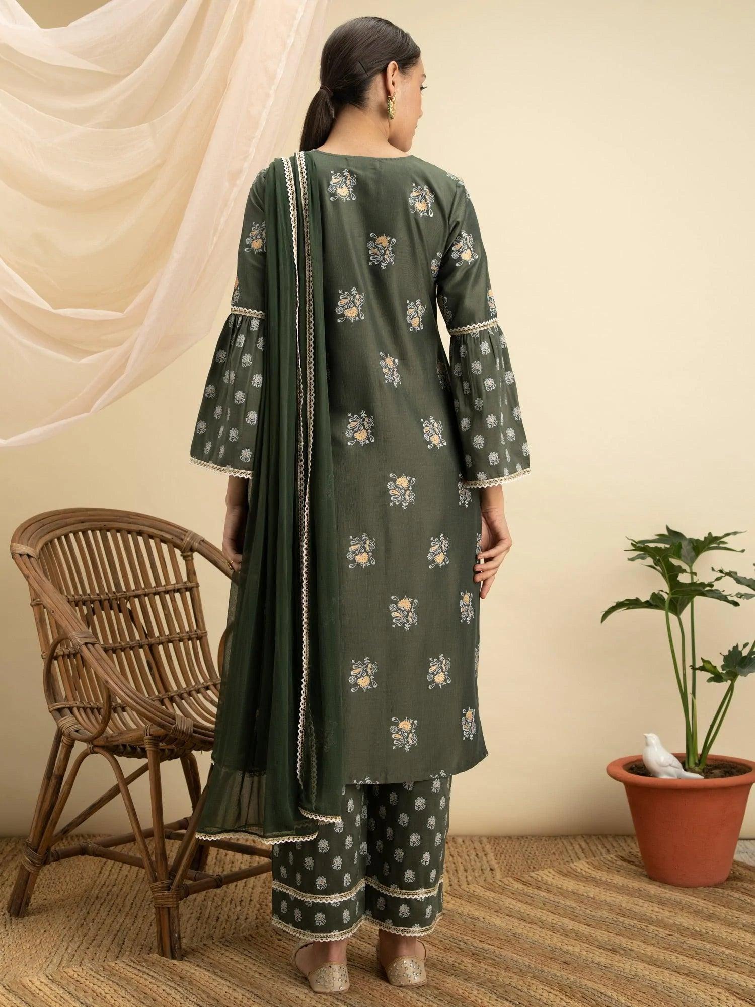 Green Printed Silk Straight Suit Set