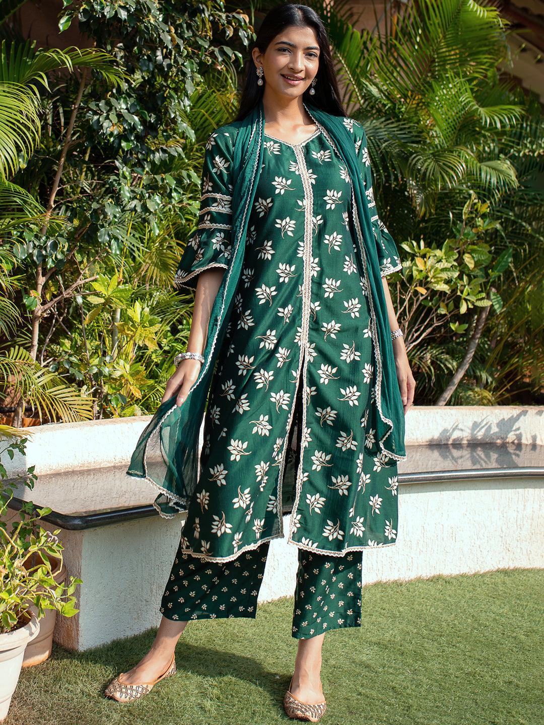 Green Printed Silk A-Line Suit Set