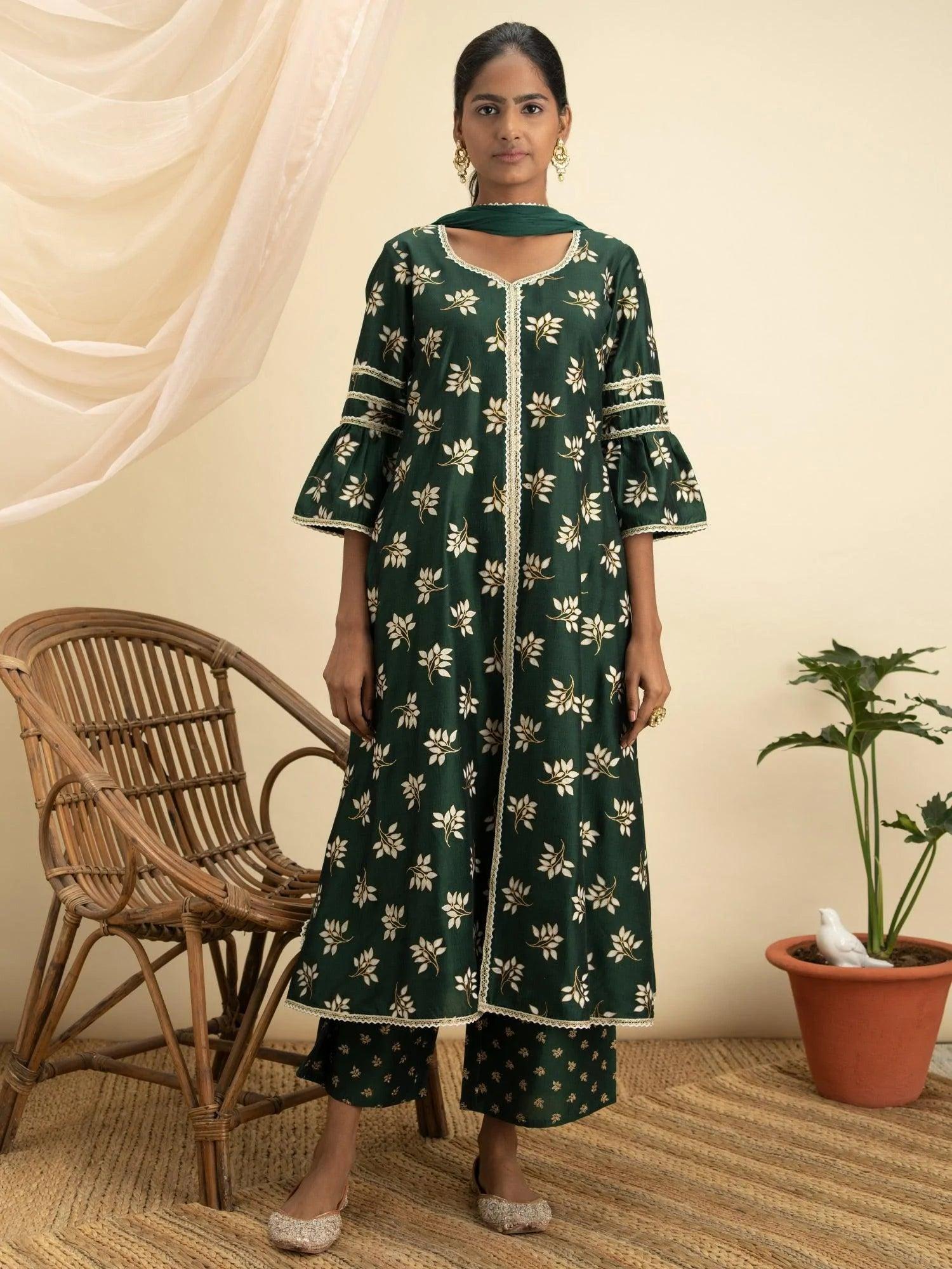 Green Printed Silk A-Line Suit Set