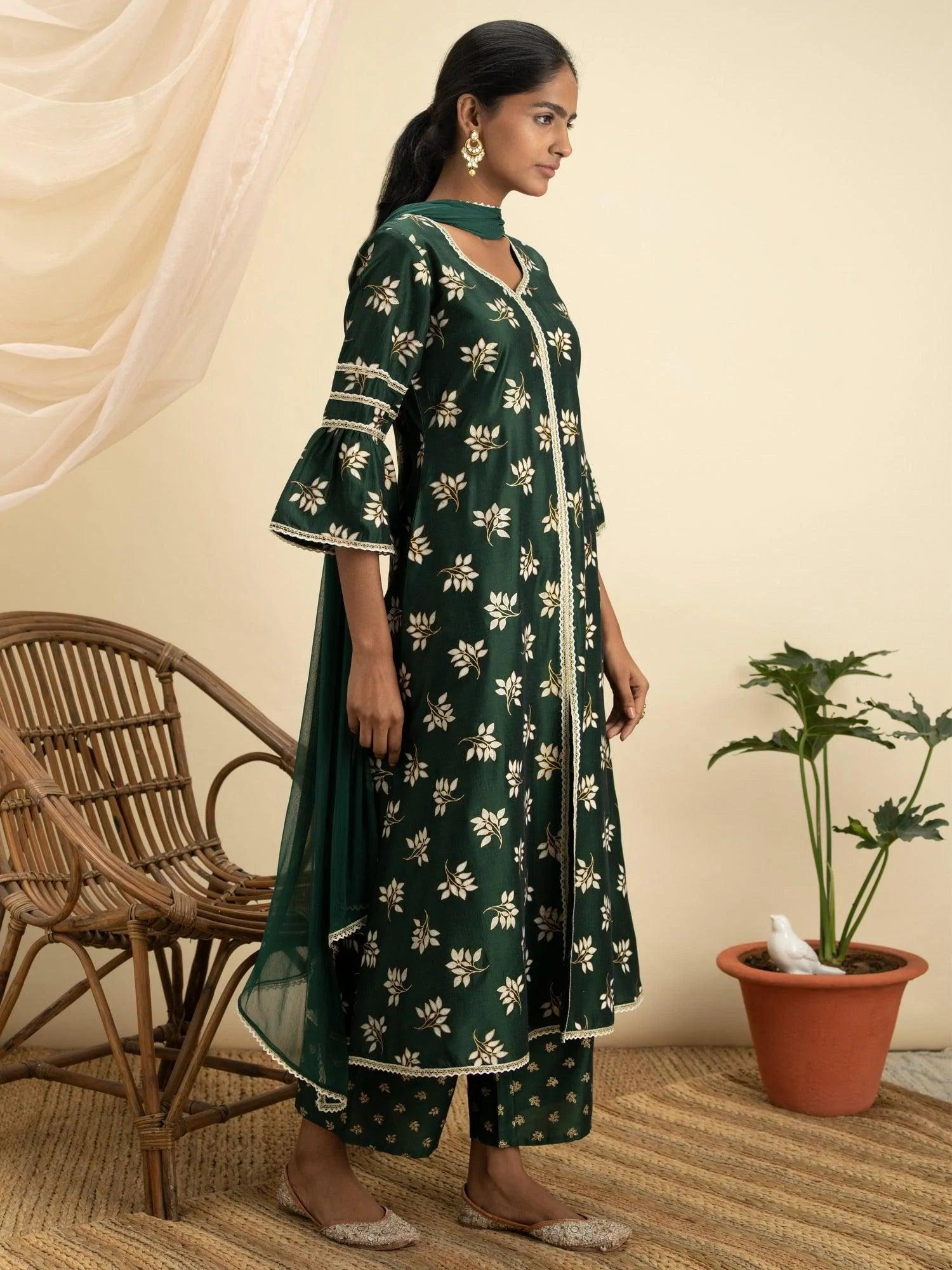 Green Printed Silk A-Line Suit Set