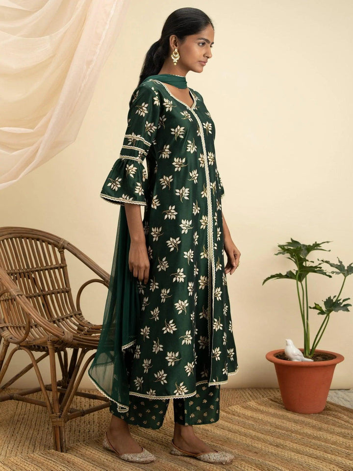 Green Printed Silk A-Line Suit Set - ShopLibas