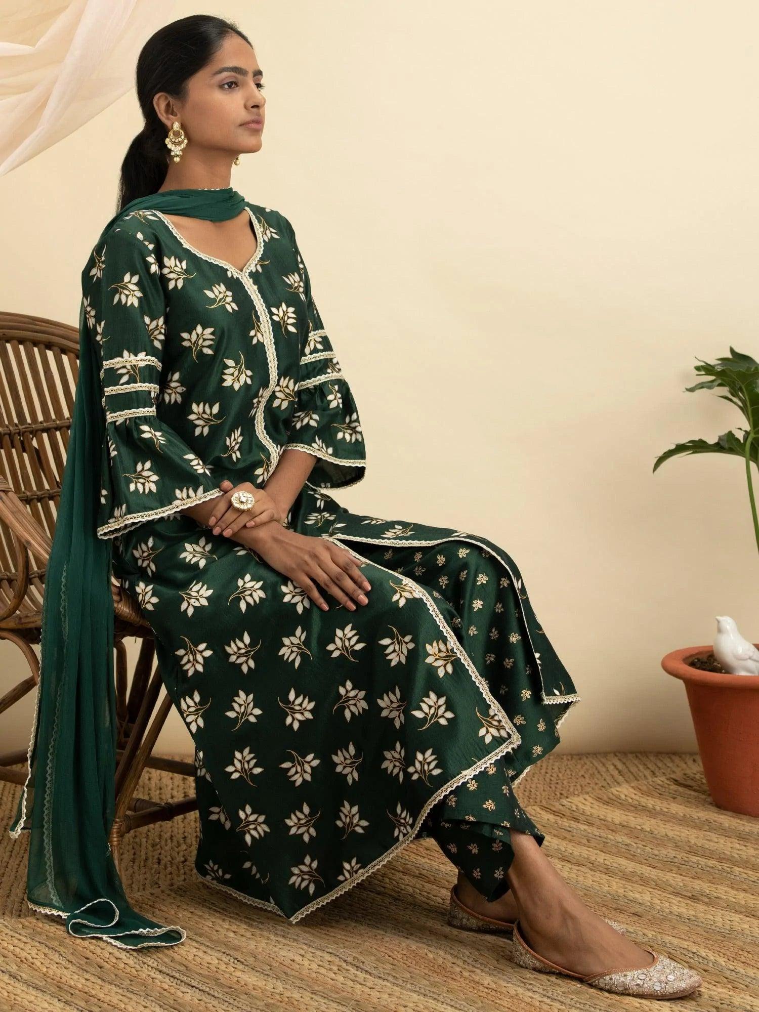 Green Printed Silk A-Line Suit Set