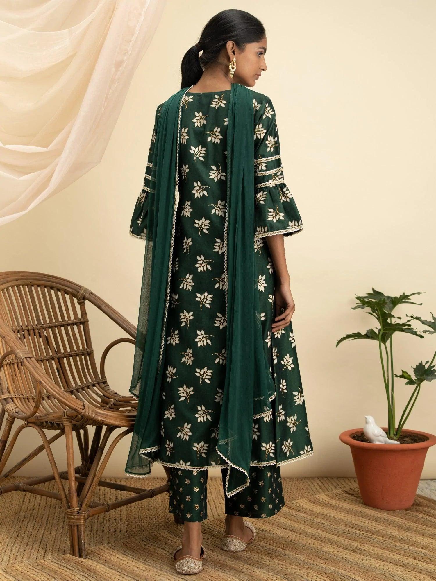 Green Printed Silk A-Line Suit Set