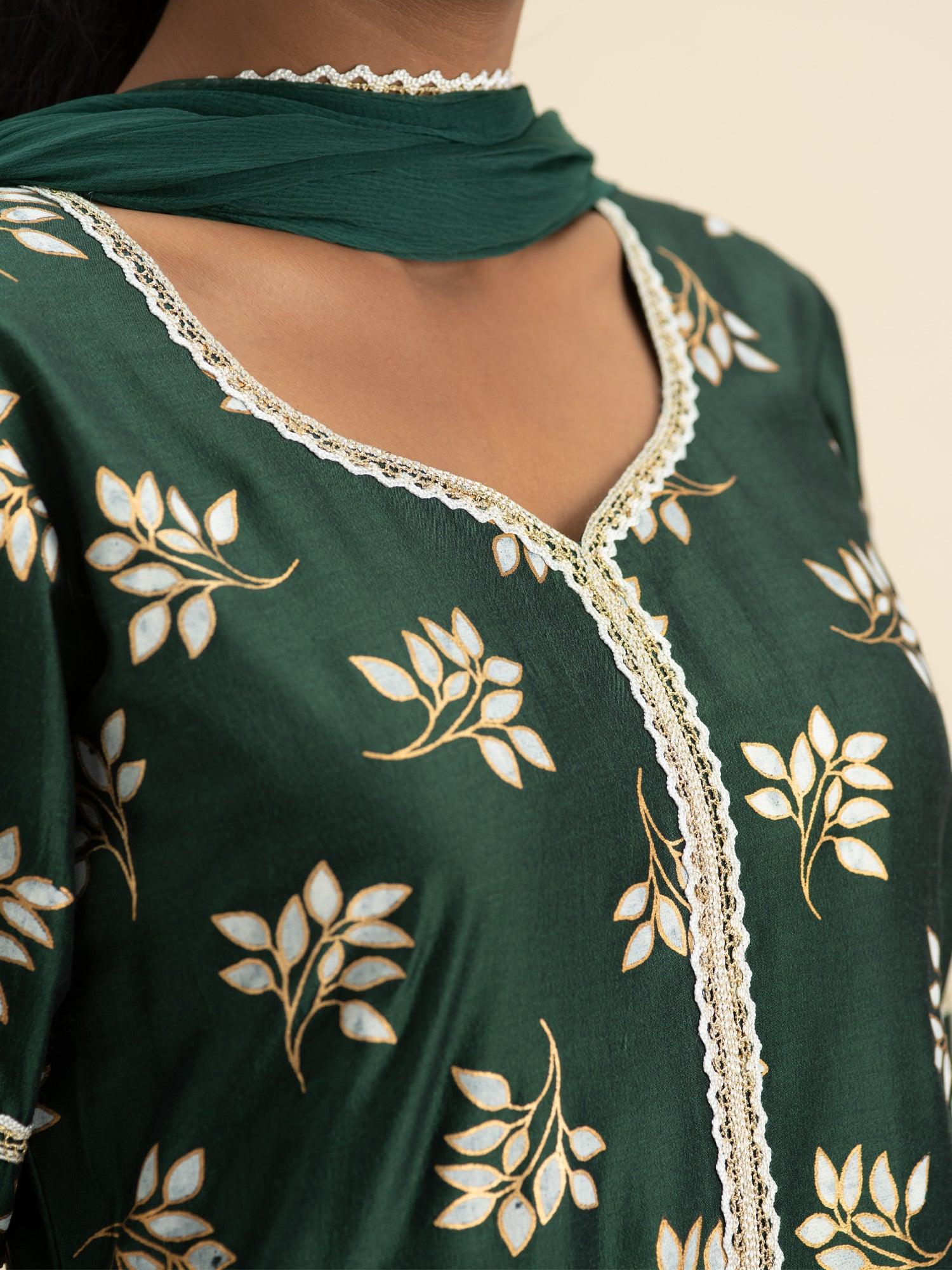 Green Printed Silk A-Line Suit Set