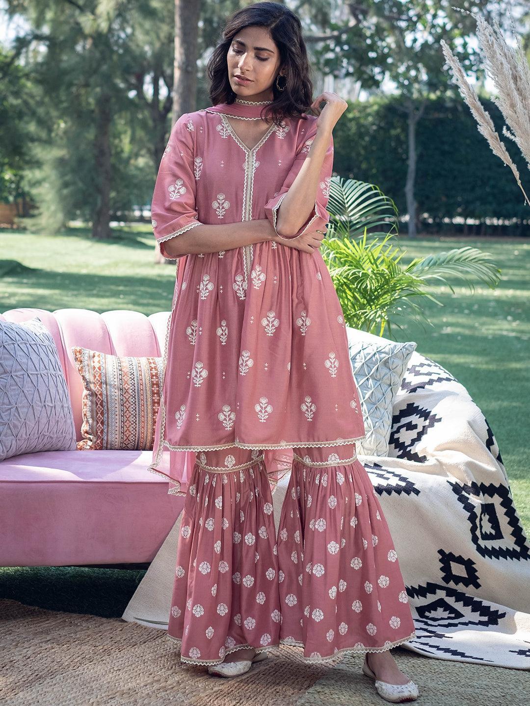 Pink Printed Silk Suit Set