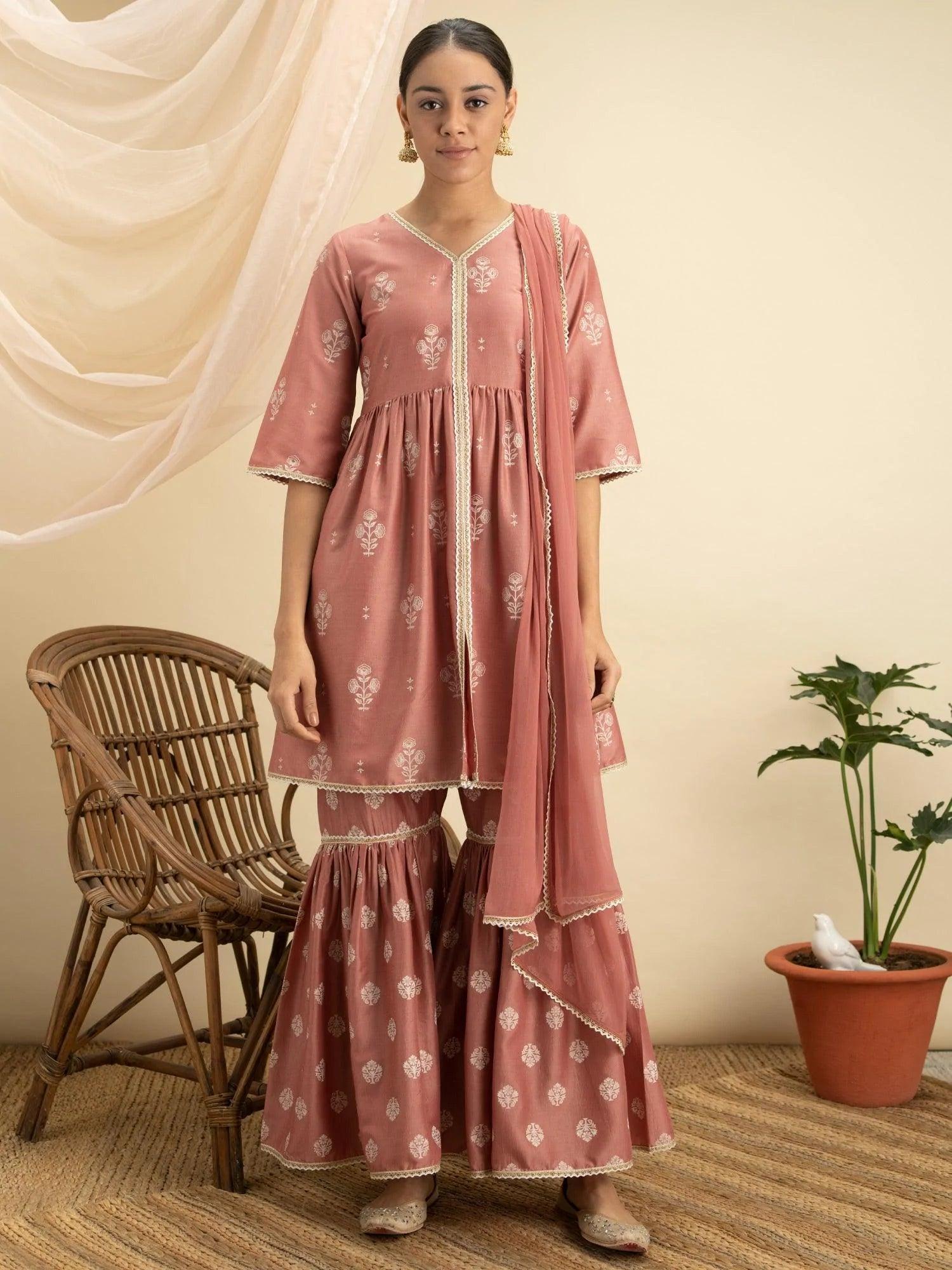 Pink Printed Silk Suit Set