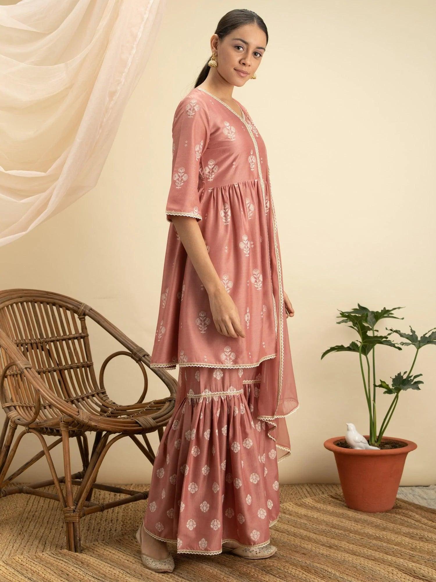 Pink Printed Silk Suit Set