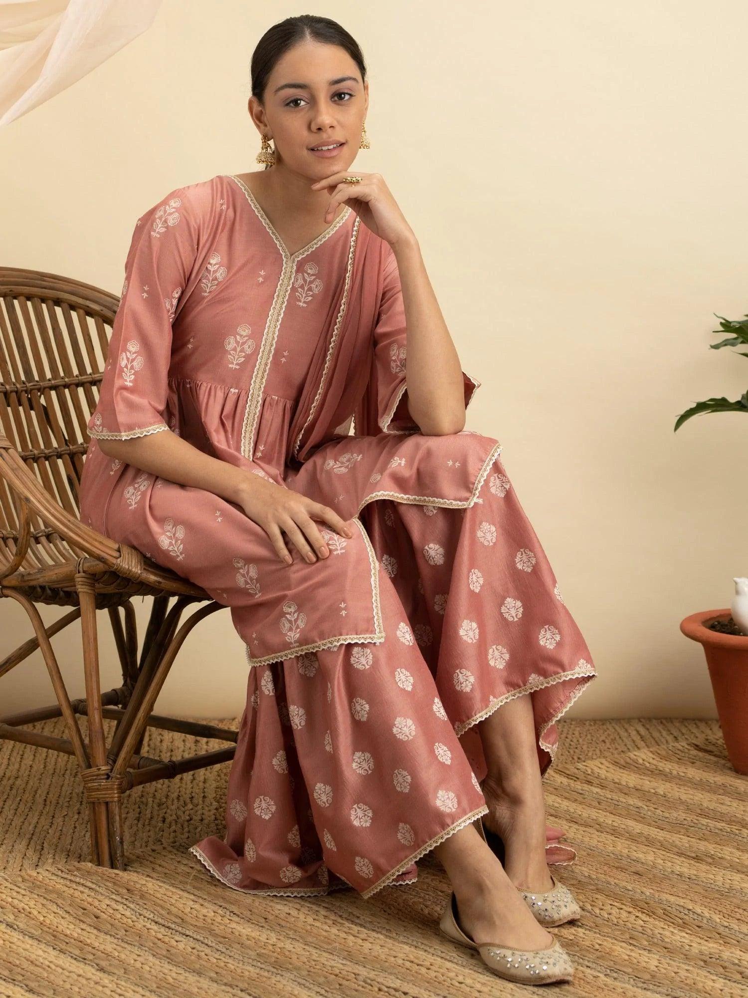 Pink Printed Silk Suit Set