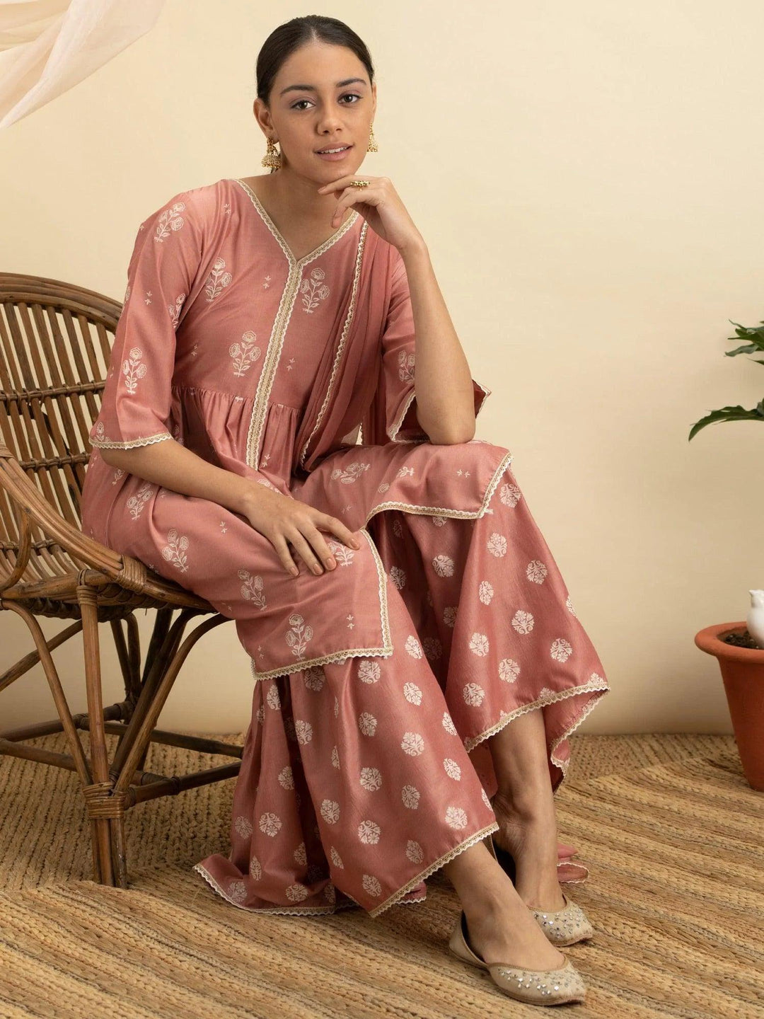 Pink Printed Silk Suit Set - ShopLibas