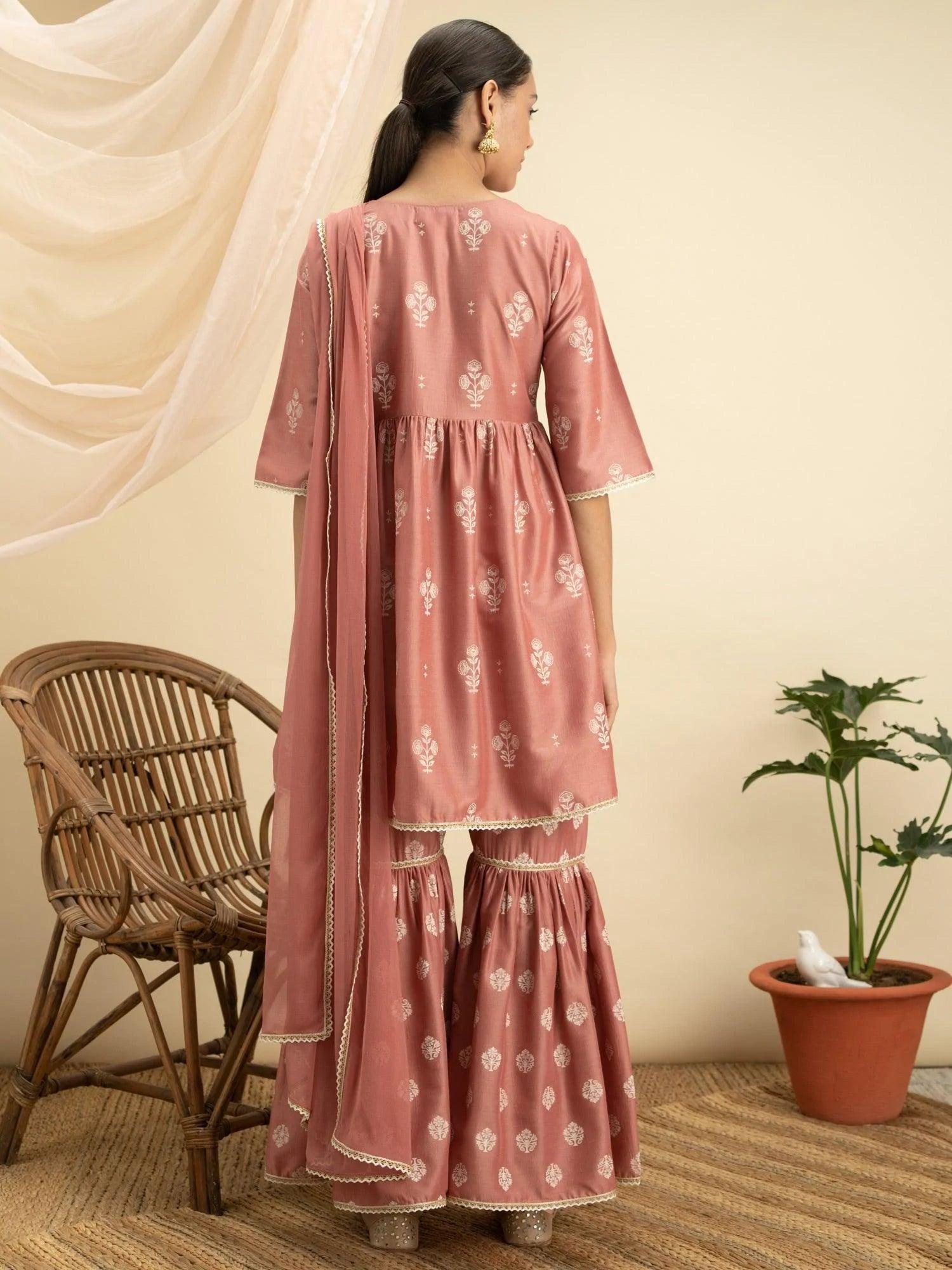 Pink Printed Silk Suit Set