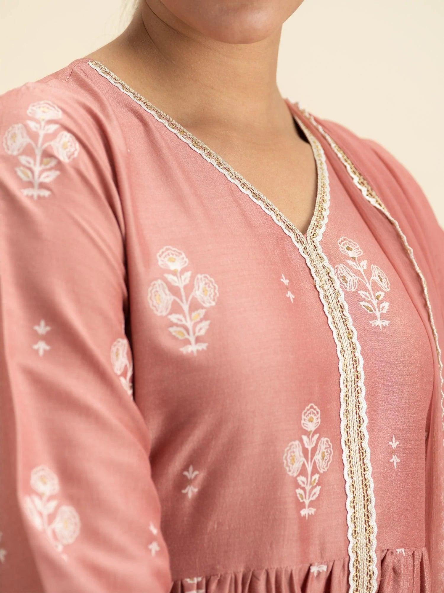 Pink Printed Silk Suit Set