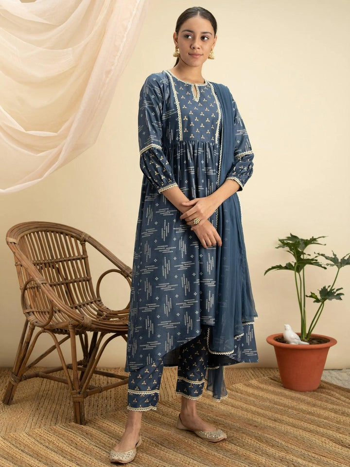 Blue Printed Silk A-Line Suit Set - ShopLibas