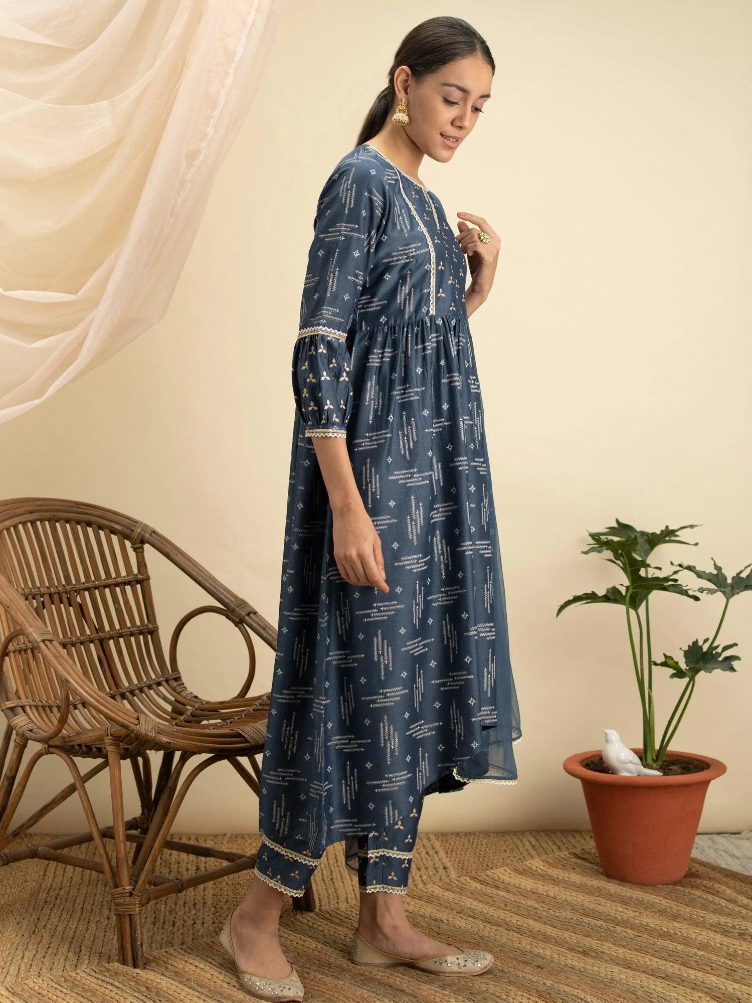 Blue Printed Silk A-Line Suit Set