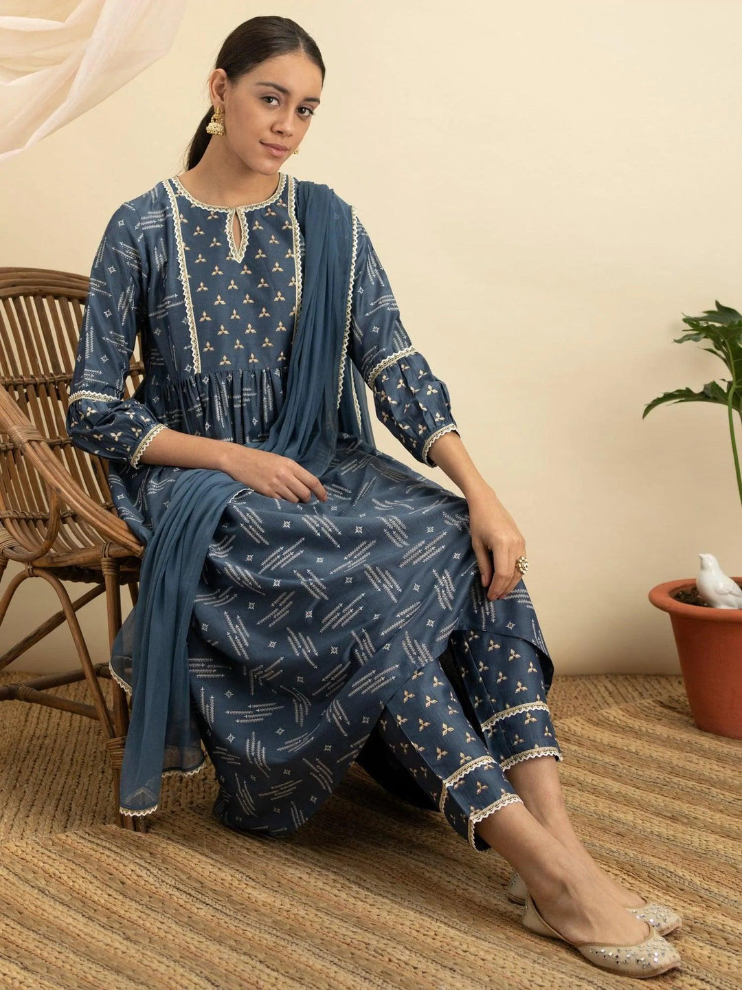 Blue Printed Silk A-Line Suit Set - ShopLibas