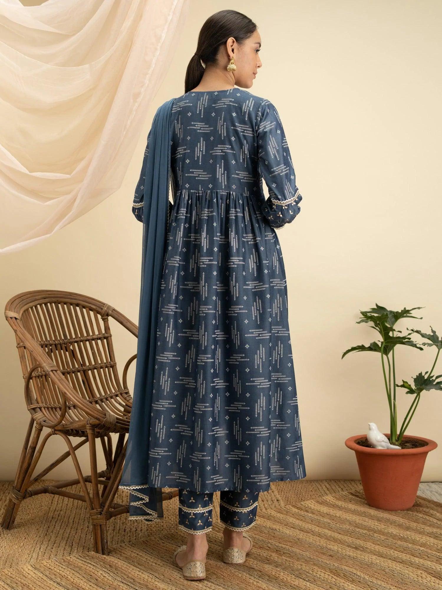 Blue Printed Silk A-Line Suit Set