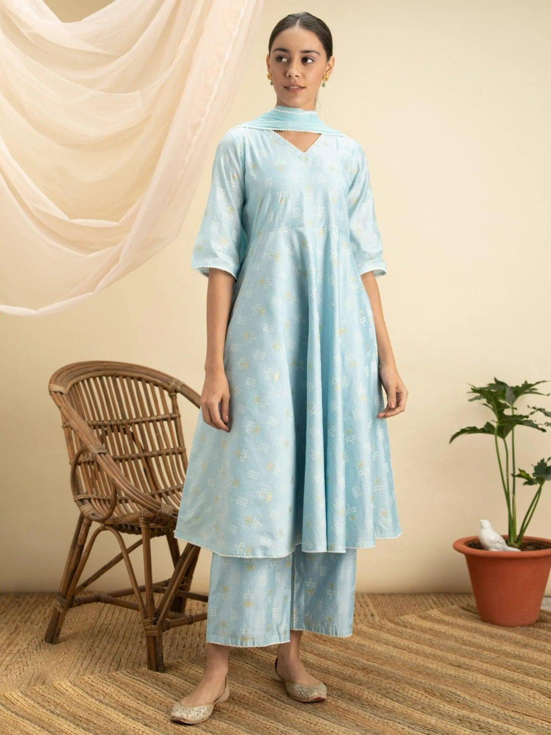 Blue Printed Chanderi Silk Suit Set - ShopLibas