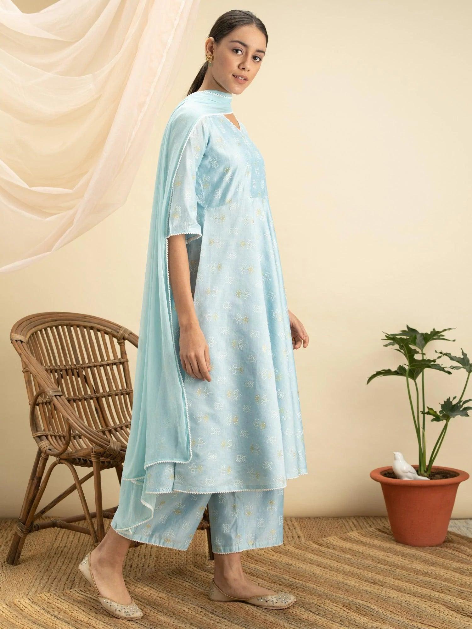 Blue Printed Chanderi Silk Suit Set