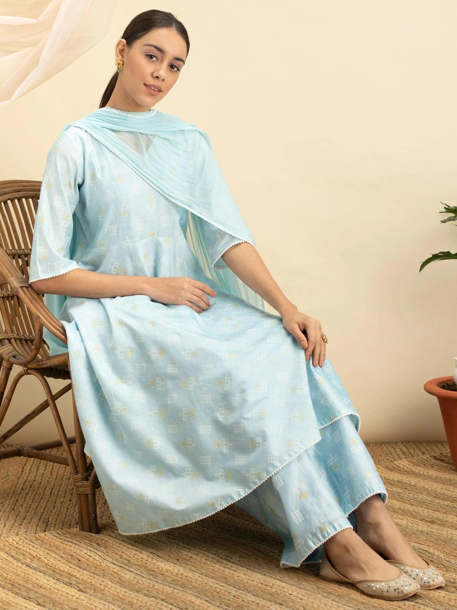 Blue Printed Chanderi Silk Suit Set