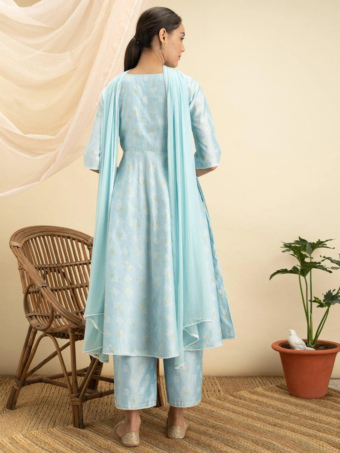 Blue Printed Chanderi Silk Suit Set - ShopLibas