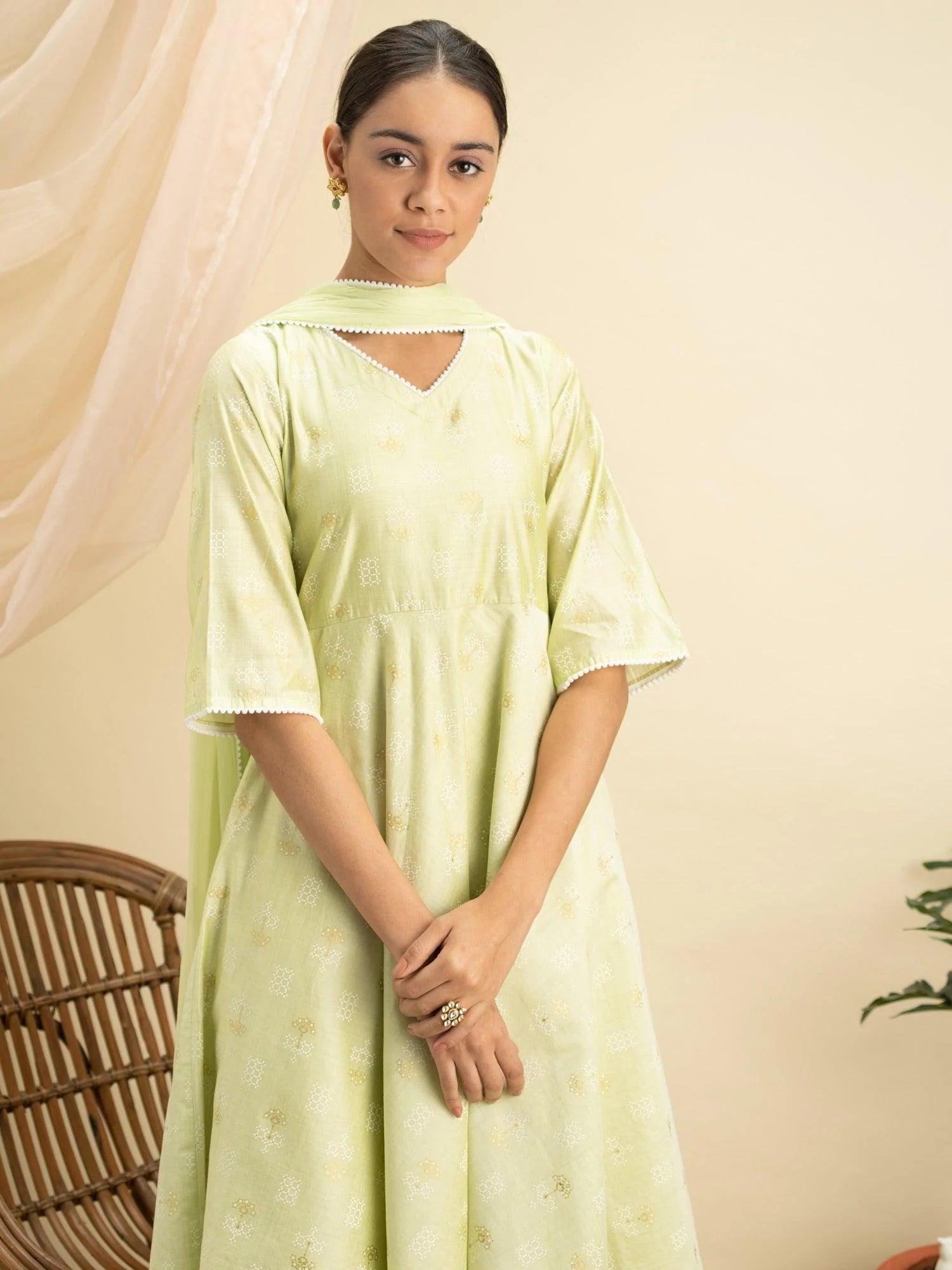 Green Printed Tussar Silk Suit Set