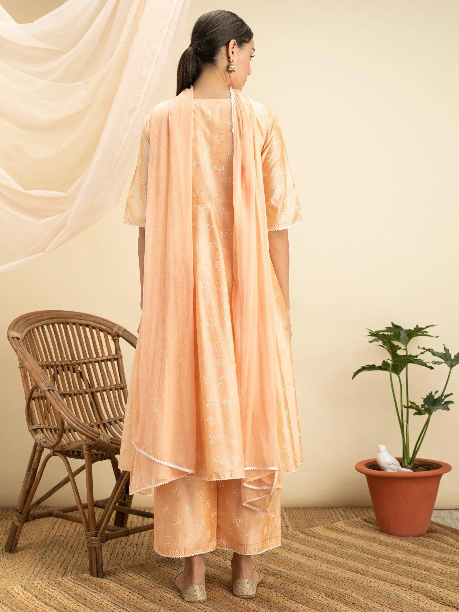 Peach Printed Tusaar Silk Suit Set